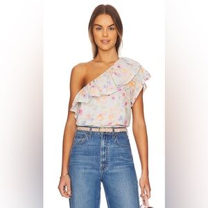 Something Navy One Shoulder Cotton
Floral Ruffle Top.